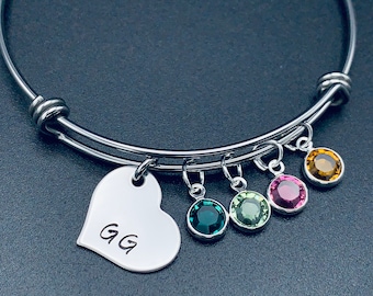 Personalized Names Bangle Bracelet -Sister-mimi - GG- Hand Stamped Jewelry - Expandable Wire Bangle - Name Birthstone Bracelet - Family
