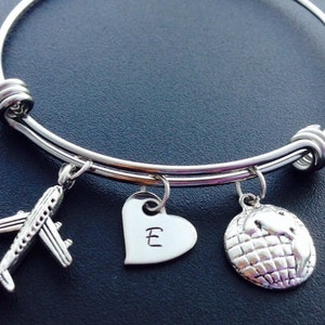 Globe Airplane Bangle Bracelet, Adjustable Expandable Bangle Bracelet, Airplane Charm Bracelet, Globe Pendant,Globe Bracelet,Travel Bracelet