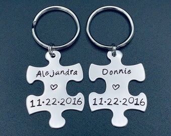 Anniversary Date - Hand Stamped Puzzle Piece Keychain Set - Couple Key Chain Gift - Wedding, Anniversary or Birthday Present-Valentine's Day