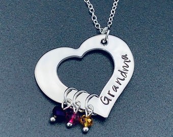 Hand Stamped Jewelry - Personalized Jewelry - Grandma Heart Necklace - Engraved - Grandmother Necklace - four Birthstones