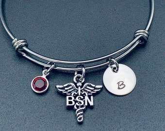 Bracelet for Nurse,BSN charm, bangle bracelet, hand stamped initial, personalized bracelet for BSN,RN,lpn