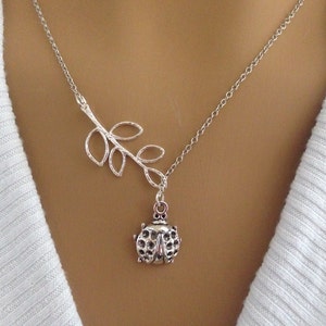 Lariat Style Silver leaf and Lucky Ladybug Necklace