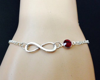 Infinity Bracelet. infinity link with Swarovski birthstone crystal channel , monogram initial