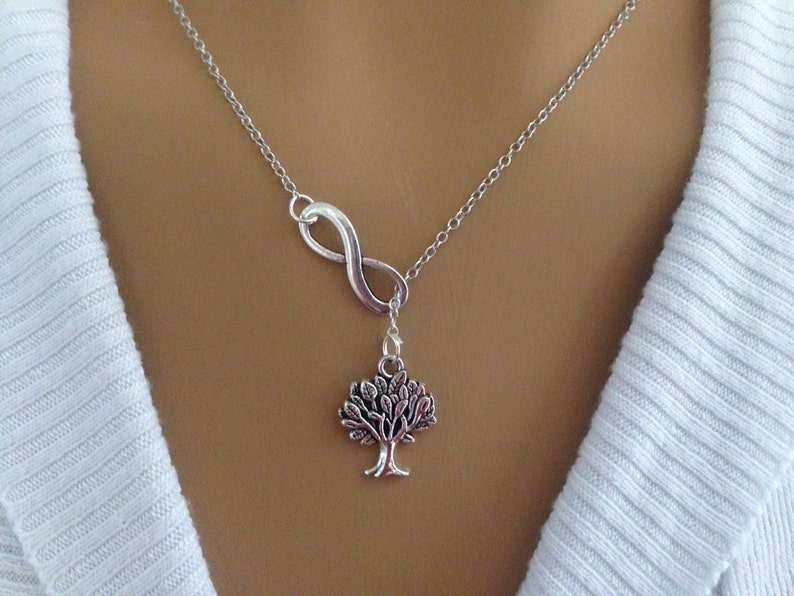 Lariat Style Silver Infinity and Tree Necklace image 2