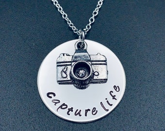 Capture Life  - Camera Charm - Washer Necklace-personalized necklace-Hand Stamped Jewelry