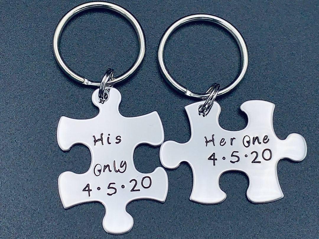 Personalized Hand Stamped Puzzle Piece Keychain Set - Her One and His ...
