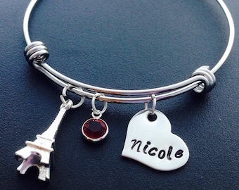 Eiffel tower Bangle, Eiffel tower paris charm, Silver Eiffel tower bracelet, Expandable bangle, Charm bangle, Monogram, Name bracelet