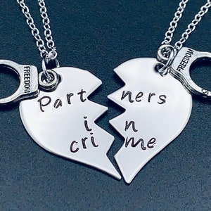 Partners In Crime Necklace - Hand Stamped Necklace - Matching Best Friends Set - BFF Keychains - Besties - Heart Keychain Split in Two