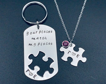 Valentines day gift - Silver Stainless Jewelry -"Your pieces match my pieces" Personalized Necklace -  Couples Keychain and Necklace Set