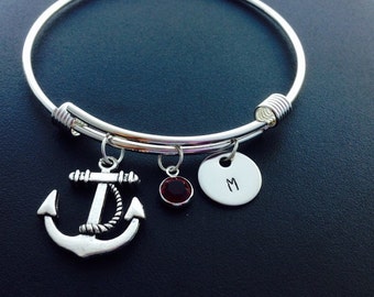 Personalized Anchor Bangle, Anchor Bangle, Anchor Bracelet, You are my anchor, Anchor Jewelry, Letter Birthstone, Anchor Initial Bracelet