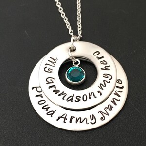Proud Army Mom / Nannie&quot; My Grandsons my heros&quot; Hand stamped stainless steel pendant with Birthstone charm and necklace