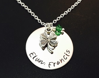 Personalized Irish Shamrock Necklace - Handstamped Jewelry - Lucky Four Leaf Clover - Ireland St Pattys Day - Saint Patricks March