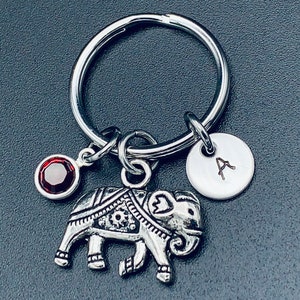 Elephant Handstamped keychain - Personalized Initial - Birthstone Jewelry - Wedding Jewelry - Birthday Gift - Lucky Elephant Keychain