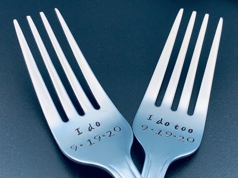 I do /I do too Personalized wedding forks-Personalized Forks Message of Choice Wedding Cake Forks Hand Stamped Forks Dinner Forks image 3
