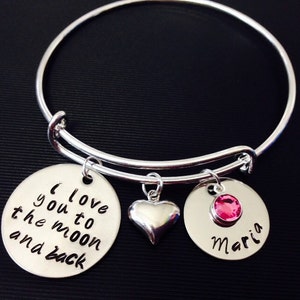 I love you to the moon and back-Personalized mom Hand Stamped Jewelry Expandable Wire Bangle Name Birthstone Bracelet Family image 3