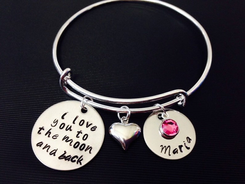 I love you to the moon and back-Personalized mom Hand Stamped Jewelry Expandable Wire Bangle Name Birthstone Bracelet Family image 3