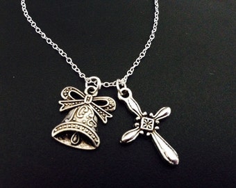 Bell Charm Necklace - Personalize Jewelry with Crystal - Bell Jewelry - christmas jewelery - 925 silver necklace - cross necklace
