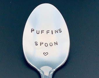 Puffins Spoon - CUSTOM Spoon-Hand Stamped Spoon -Personalized Spoon -Message of Choice -Gift for Best Friend, Gift for Grandpa-Cereal Spoon