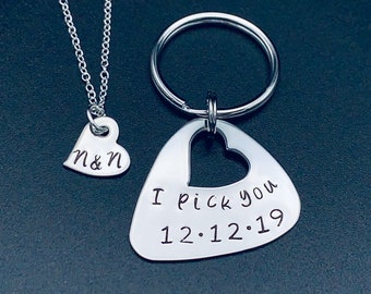 Christmas gift ideas for men -Unique Gift for Boyfriend/Husband-Stamped Guitar Pick-I&#39;d pick you every time-Heart cut out necklace