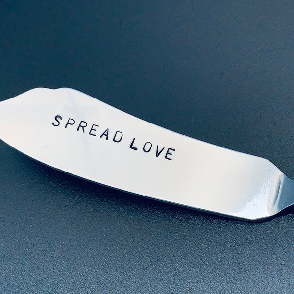 personalized butter knife, spread love, stamped silverware, jelly spreader, cheese spreader, stamped knife, housewarming gift, wedding gift