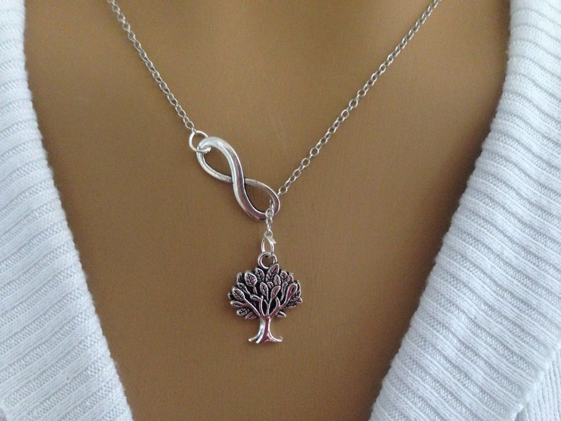 Lariat Style Silver Infinity and Tree Necklace image 3
