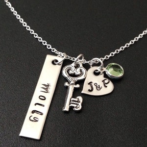 Hand Stamped Jewelry - Personalized Mommy Jewelry -Custom Heart Necklace - Engraved - - Love is the Key- 1 Birthstones necklace