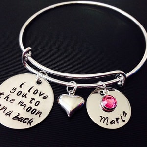 I love you to the moon and back-Personalized mom Hand Stamped Jewelry Expandable Wire Bangle Name Birthstone Bracelet Family image 1