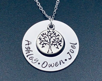 Family Tree Hand Stamped Necklace, Stainless Steel Personalized Handstamped Jewelry for Children, Moms, Grandmas