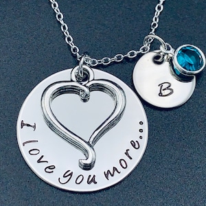 Valentine&#39;s Day Gift / Personalized heart necklace &quot;I love you more...&quot; handstamped pendant necklace with Heart Charm-Anniversary Gift