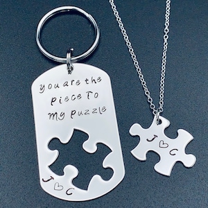 Custom Puzzle Dog Tag - Silver Stainless Jewelry -&quot;You are the pieceto my puzzle&quot; Personalized Necklace -  Couples Keychain and Necklace Set