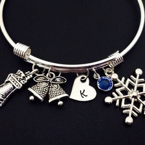 Snowflag bracelet, Snowflag bangle, Birthstone Snowflag Bell Heart , Expandable bangle, Personalized bracelet, Charm bangle, Monogram