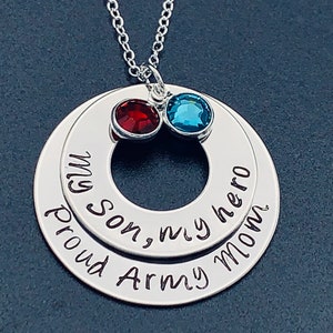 Proud Army Mom &quot; My son my hero&quot; Hand stamped stainless steel pendant with Birthstone charm and necklace