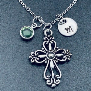 Spiritual Collection - initial disc w/crystal and Antique cross charm personalized necklace - Hand Stamped Necklace - Jewelry
