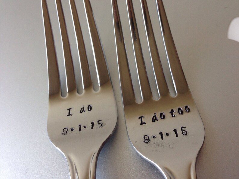 Wedding Cake Forks Message of Choice Hand Stamped Forks I do I do too Personalized wedding forks-Personalized Forks Dinner Forks