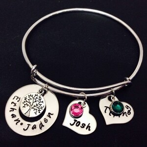 Personalized Family Bangle Bracelet - Hand Stamped Jewelry - Expandable Wire Bangle - Mom Bracelet - Couple Bracelet