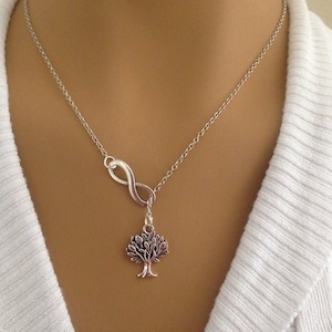 Lariat Style Silver Infinity and Tree Necklace image 1