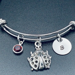 Ladybug Bangle, Lady beetle, ladybird, antique ladybug, Expandable bangle, Personalized bracelet, Charm bangle, Monogram, Initial bracelet