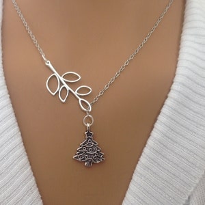 Lariat style Silver Branch and Christmas Tree Necklace