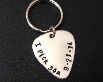 Guitar Pick Keychain, I Pick You, Hand Stamped Guitar Pick