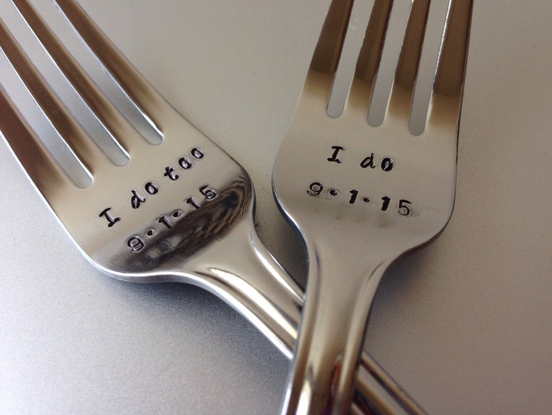 Wedding Cake Forks Message of Choice Hand Stamped Forks I do I do too Personalized wedding forks-Personalized Forks Dinner Forks