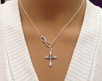 Lariat Style Infinity and Cross Necklace