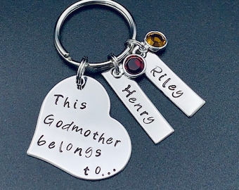 Hand Stamped heart shape Keychain - "This godmother belongs to" keychain- Anniversary -Gift For Her Personalized Gift for mom - nana - gg