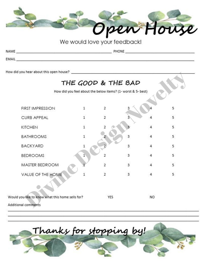 Open House Feedback Form Eucalyptus, Real Estate, Open House, Feedback