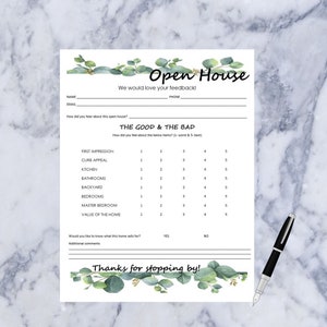 Open House Feedback Form- Eucalyptus, Real Estate, Open House, Feedback Template, Housing Feedback, Broker, Agent