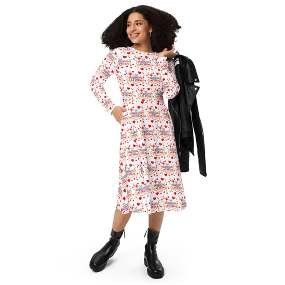 Just Married in Vegas Bride All-Over Print Long Sleeve Midi Dress