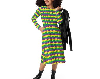 New Orleans Mardi Gras themed All-over print long sleeve midi dress