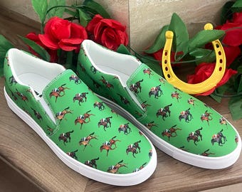 Race Horse Kentucky Derby inspired Green Men’s slip-on canvas shoes
