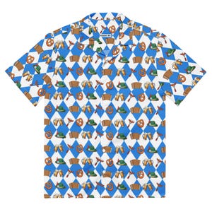Op de afbeelding: Korte mouwen overhemd met een blauw en wit ruitpatroon. Het patroon bevat pretzels, bierpullen, worstjes en groene hoeden. Het overhemd heeft een klassieke kraag en is gemaakt van een lichte stof.