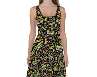 Mardi Gras Mask & Bead themed Skater Dress