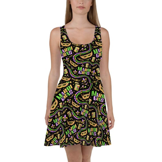 Mardi Gras Mask & Bead themed Skater Dress